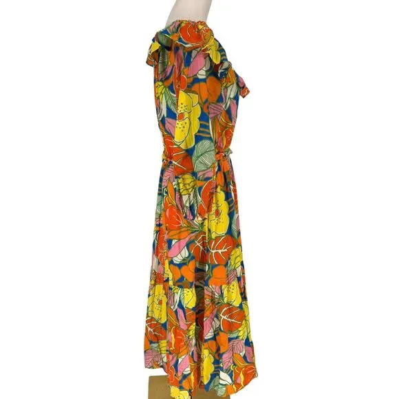 J. Crew Belted Dress Large Floral Tropical Ruffle Neck Midi Balloon Sleeve Retro - Picture 7 of 13